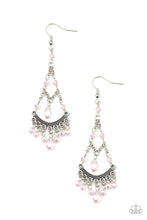 Load image into Gallery viewer, Featuring an iridescent shimmer, a glittery collection of pink crystal-like beads link with shimmery silver chains that give way to a studded silver bar and colorful fringe. Earring attaches to a standard fishhook fitting.  Sold as one pair of earrings.

