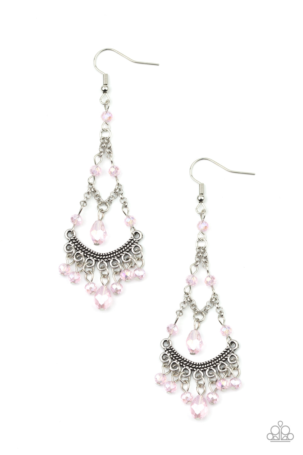 Featuring an iridescent shimmer, a glittery collection of pink crystal-like beads link with shimmery silver chains that give way to a studded silver bar and colorful fringe. Earring attaches to a standard fishhook fitting.  Sold as one pair of earrings.
