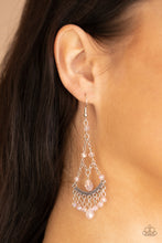 Load image into Gallery viewer, Featuring an iridescent shimmer, a glittery collection of pink crystal-like beads link with shimmery silver chains that give way to a studded silver bar and colorful fringe. Earring attaches to a standard fishhook fitting.  Sold as one pair of earrings.
