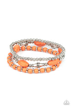 Load image into Gallery viewer, An earthy collection of mismatched orange stones and ornate silver beads are threaded along stretchy bands around the wrist for a colorful artisan flair.  Sold as one set of three bracelets.
