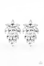 Load image into Gallery viewer, Featuring dainty silver studded accents, a sparkly collection of marquise cut white rhinestones flare out from the bottom of floral arranged rhinestones for a flauntable finish. Earring attaches to a standard post fitting.
