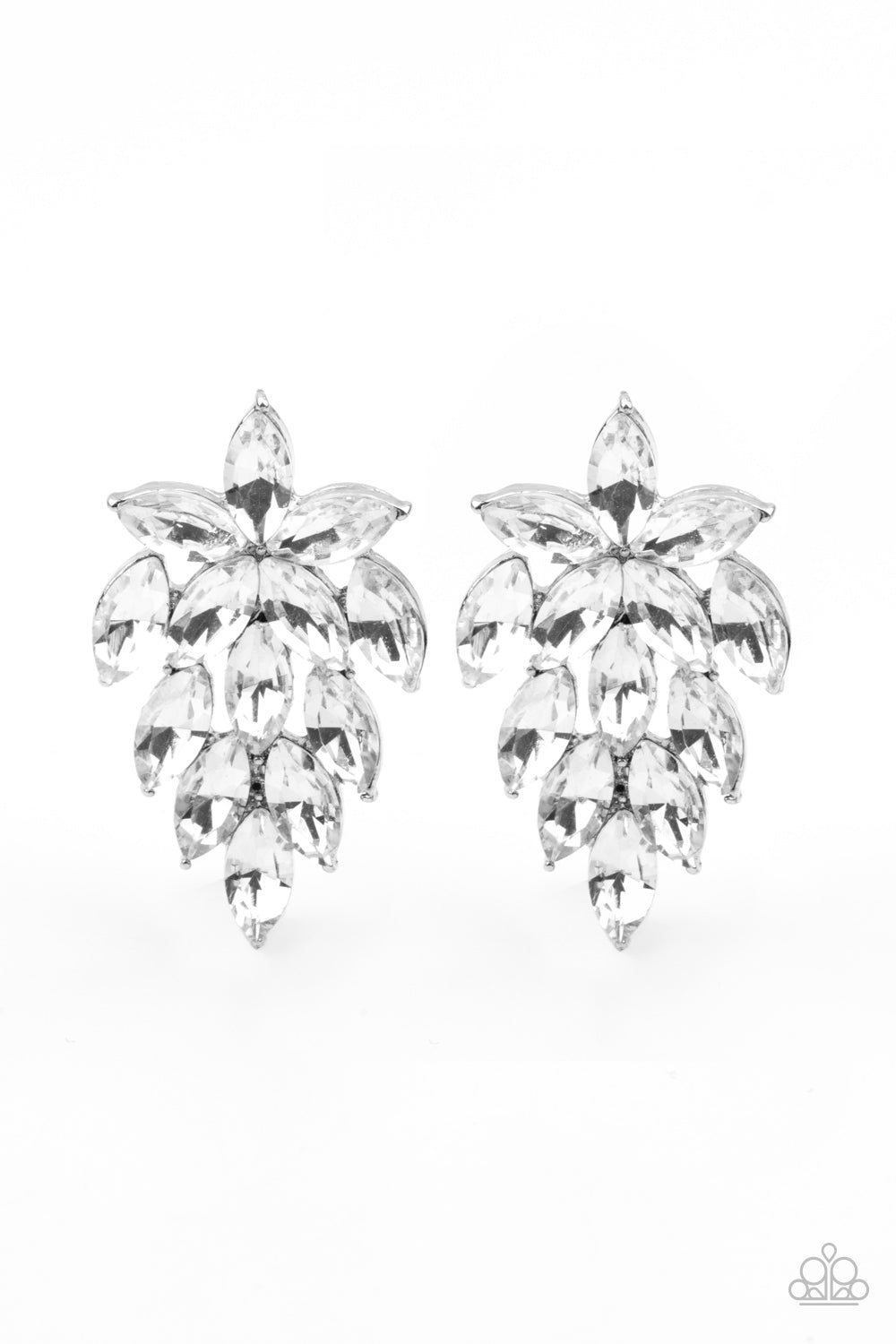 Featuring dainty silver studded accents, a sparkly collection of marquise cut white rhinestones flare out from the bottom of floral arranged rhinestones for a flauntable finish. Earring attaches to a standard post fitting.