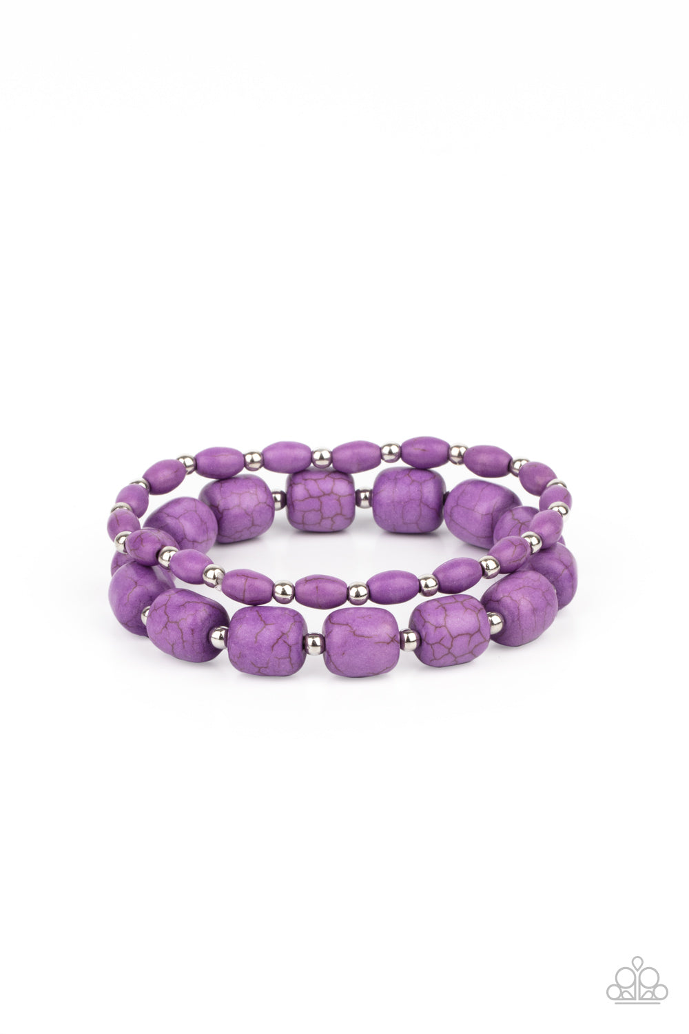 Colorfully Country - Purple - Paparazzi Dainty silver beads and mismatched purple stone beads are threaded along stretchy bands around the wrist, creating vivacious layers.