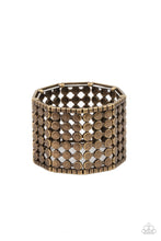 Load image into Gallery viewer, Bordered by rows of brass cubes, stacked rows of antiqued brass dots connect into rectangular frames that are threaded along stretchy bands around the wrist for an edgy geometric finish.  Sold as one individual bracelet.

