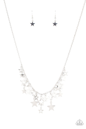 STELLAR STARDOM - A mismatched collection of shiny silver stars cascade from a dainty silver chain, creating a stellar fringe below the collar. Features an adjustable clasp closure.  Sold as one individual necklace. Includes one pair of matching earrings. Paparazzi