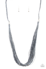 Load image into Gallery viewer, Speckled with dainty silver and gunmetal beads, rows of gray twine-like cording are knotted in place below two silver fittings that attach to a braided row of matching cording. The earthy display drapes across the chest for an artisan inspired look. Features an adjustable clasp closure
