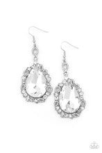 Load image into Gallery viewer, Featuring round, teardrop, and oval shapes, white rhinestone encrusted filigree borders a dramatically oversized white rhinestone teardrop for a jaw-dropping dazzle. Earring attaches to a standard fishhook fitting.

