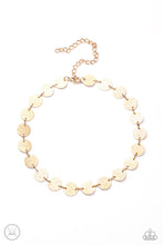 Load image into Gallery viewer,  Paparazzi - Reflection Detection - Gold - Hammered in shimmery detail, a shiny collection of dainty gold discs delicately link into a blinding display around the neck.
