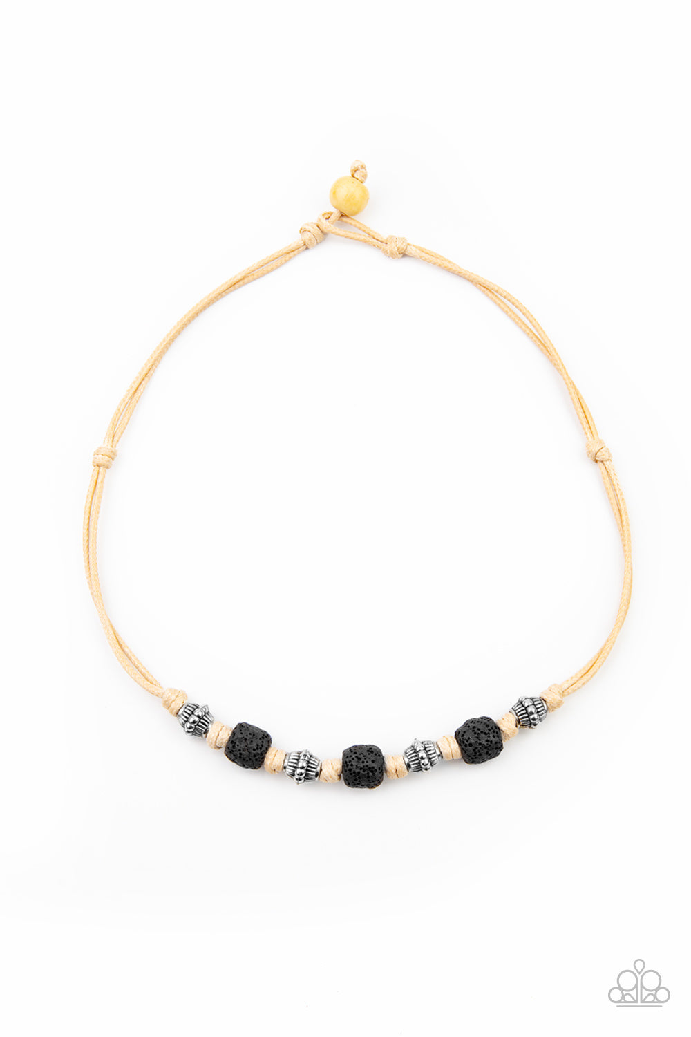Decorative silver beads and pieces of black pumice-like rock are knotted in place below the collar for a seasonal look. Features a button loop closure.
