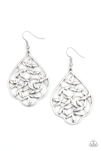 Leafy silver filigree climbs the center of a scalloped silver frame, creating a whimsical display. Earring attaches to a standard fishhook fitting.  Sold as one pair of earrings.