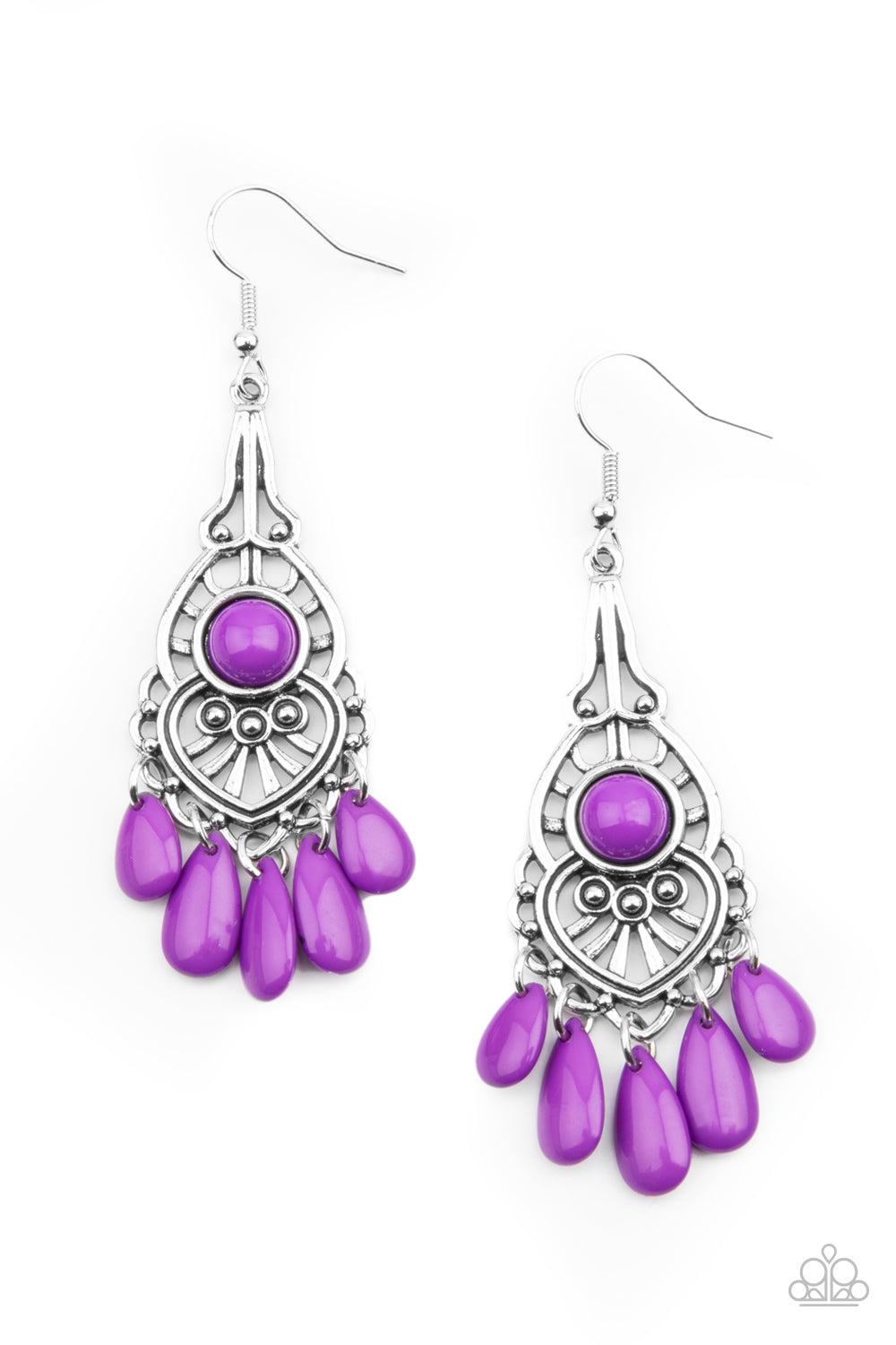 Vivacious purple teardrop beads swings from the bottom of an ornately studded silver frame featuring a bubbly purple beaded center for a fruity finish. Earring attaches to a standard fishhook fitting.