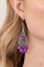 Load image into Gallery viewer, Vivacious purple teardrop beads swings from the bottom of an ornately studded silver frame featuring a bubbly purple beaded center for a fruity finish. Earring attaches to a standard fishhook fitting.
