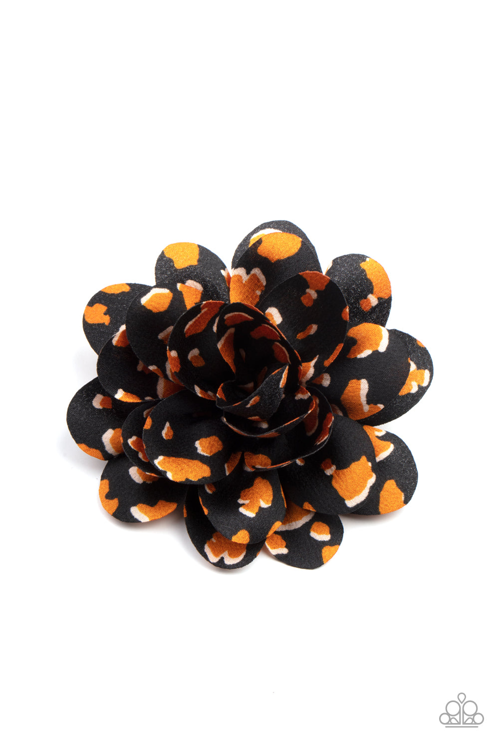 Featuring animal inspired print, Marigold flecked petals gather into a wildly wonderful blossom. Features a standard hair clip on the back.  Sold as one individual hair clip.