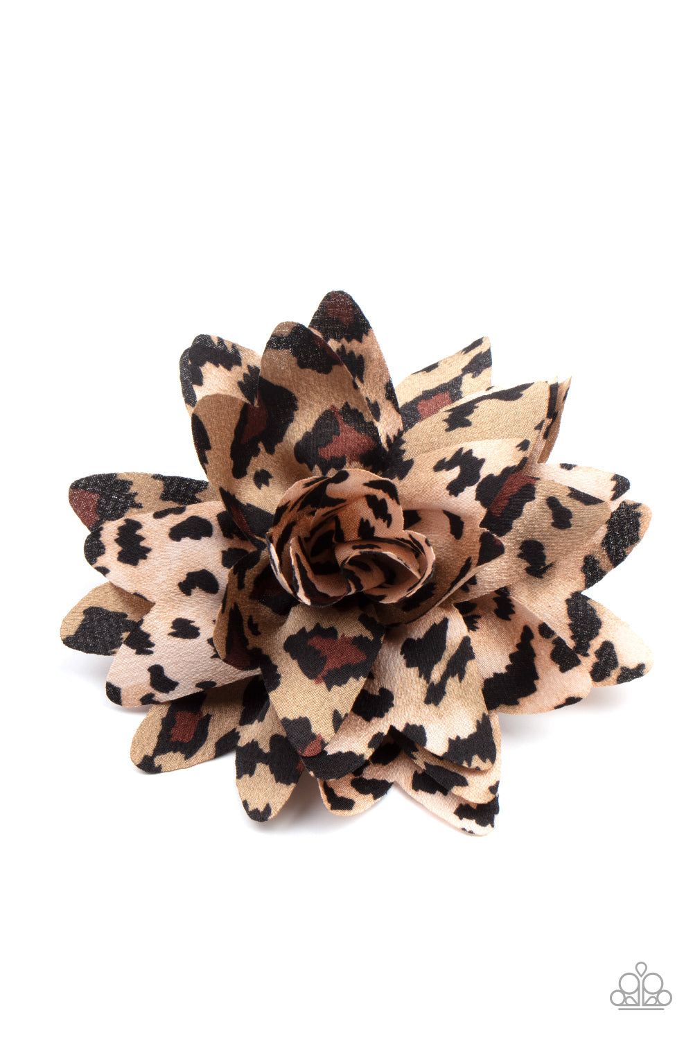 Featuring animal inspired patterns, mismatched petals gather into a wildly wonderful blossom. Features a standard hair clip on the back.