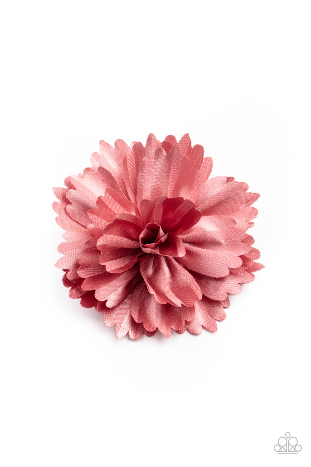 Cutest lil hair flower you ever did see • Layers of scalloped pink petals gather into an elegant satin blossom, creating a timeless display. Features a standard hair clip on the back.