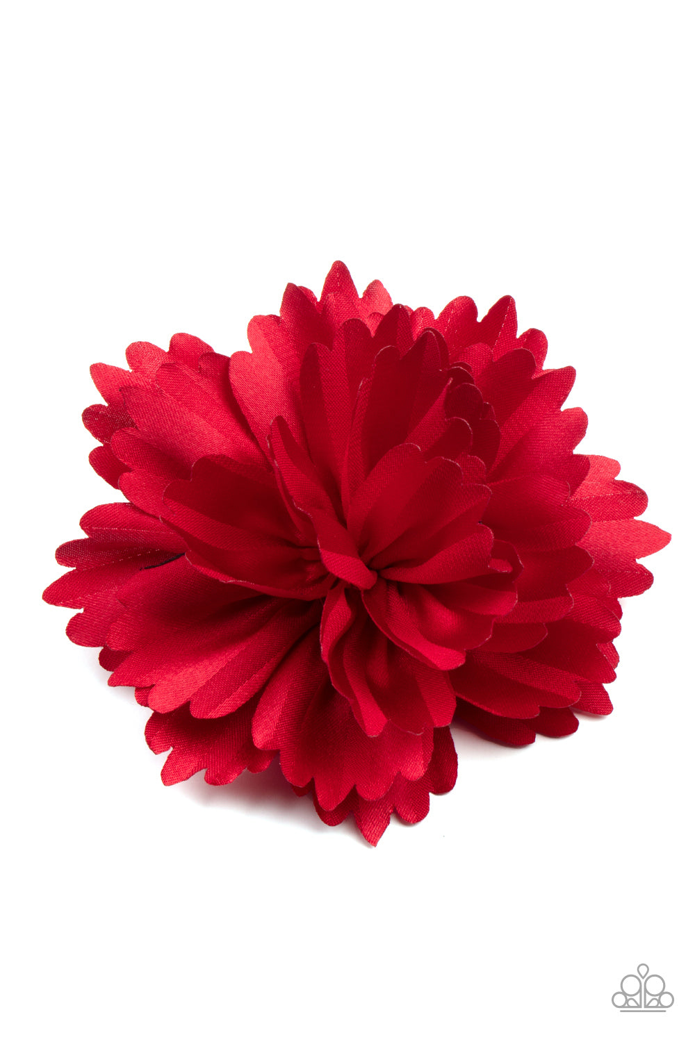 Cutest lil hair flower you ever did see • Layers of scalloped red petals gather into an elegant satin blossom, creating a timeless display. Features a standard hair clip on the back.