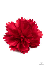Load image into Gallery viewer, Cutest lil hair flower you ever did see • Layers of scalloped red petals gather into an elegant satin blossom, creating a timeless display. Features a standard hair clip on the back.
