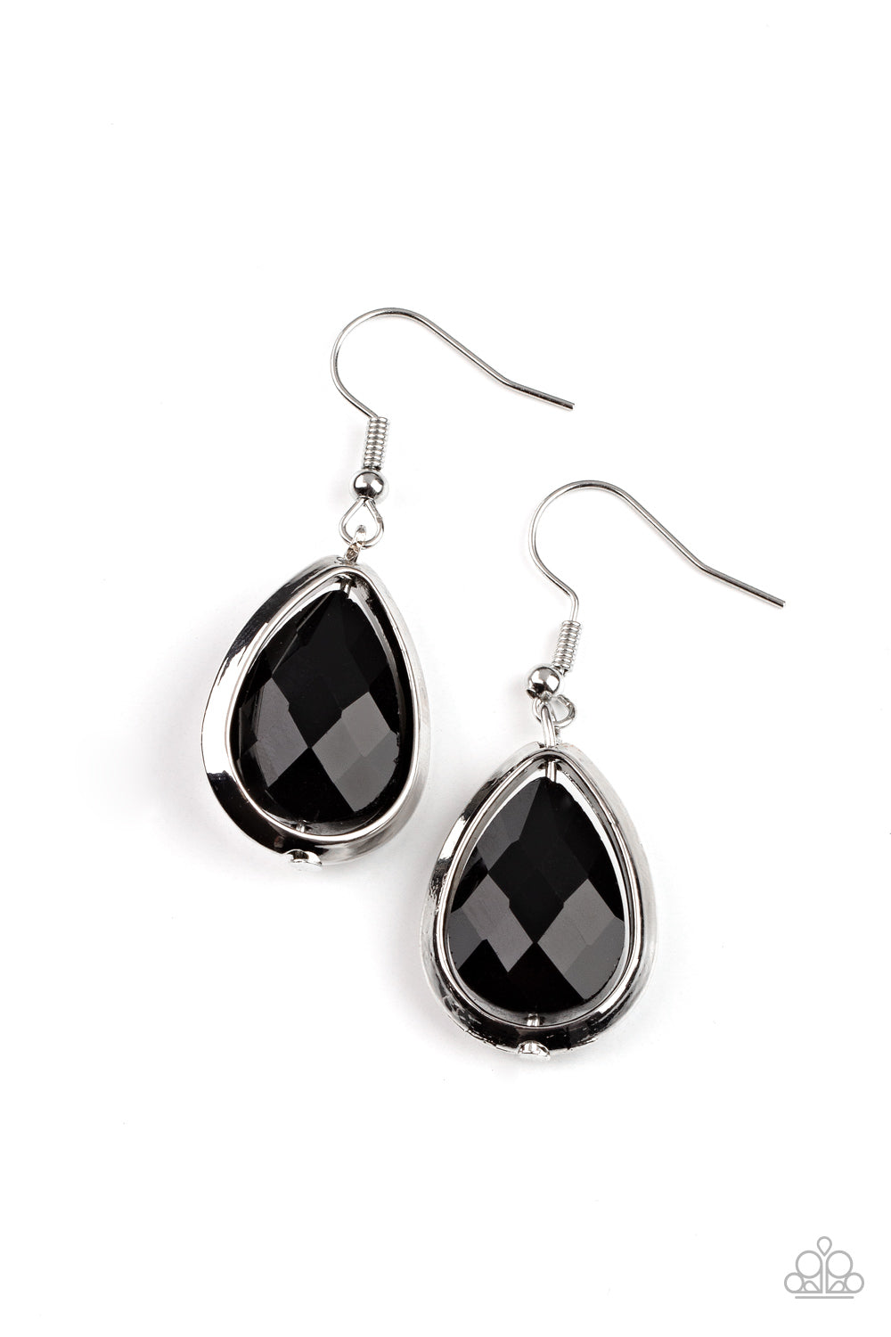 Featuring a reflective metallic back, a glittery black rhinestone gem is threaded along a rod inside a silver teardrop casing, creating a glamorous lure. Earring attaches to a standard fishhook fitting.