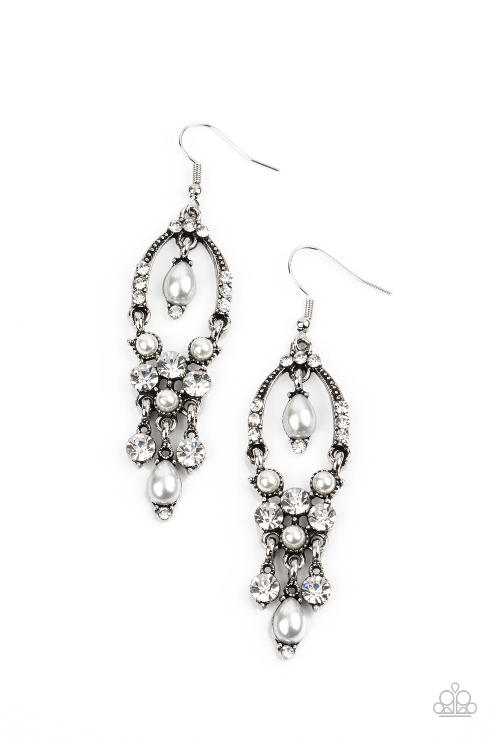 Back In The Spotlight - White - Glittery white rhinestones and pearly white beaded fittings delicately swing from the bottom of an ornately embellished oval frame. A matching pearly frame dangles from the top of the decorative silver frame, adding a timeless movement to the sparkly display. Earring attaches to a standard fishhook fitting.