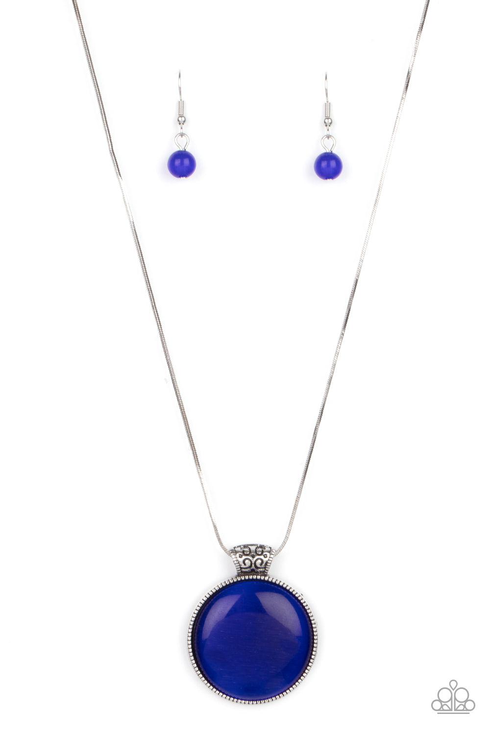 Attached to a decorative silver fitting, a dramatically oversized blue cat's eye stone pendant glides along a rounded silver snake chain below the collar for a powerful pop of color. Features an adjustable clasp closure.  Sold as one individual necklace by Paparazzi  Includes one pair of matching earrings.