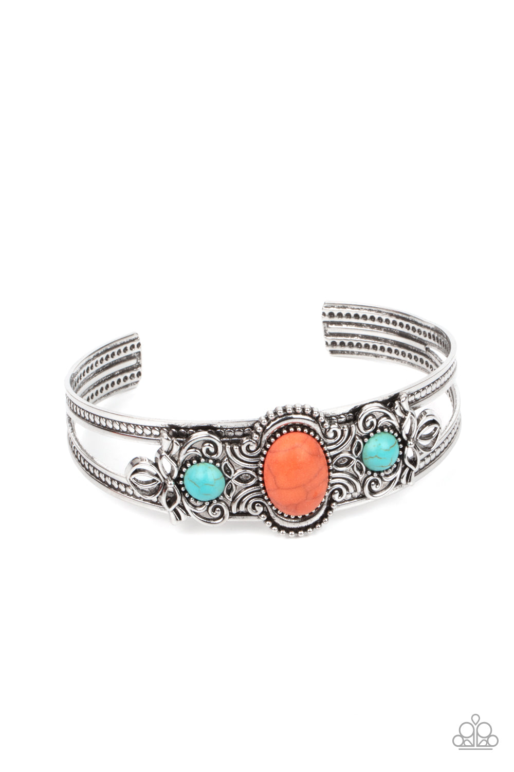 Dotted with a pair of turquoise stone beads, silver floral filigree blooms out from an oval orange stone centerpiece atop a studded silver cuff.
