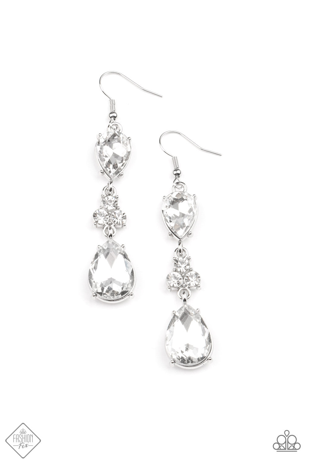 PAPARAZZI - ONCE UPON A TWiNKLE -  A trio of dazzling white rhinestones unites two white teardrop gems as they dangle brilliantly from the ear for a flawless finish. Earring attaches to a standard fishhook fitting.