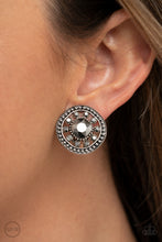 Load image into Gallery viewer, Featuring an oversized center, a hematite rhinestone encrusted flower blooms across the silver center of a studded frame for a sparkly finish. Earring attaches to a standard clip-on fitting.
