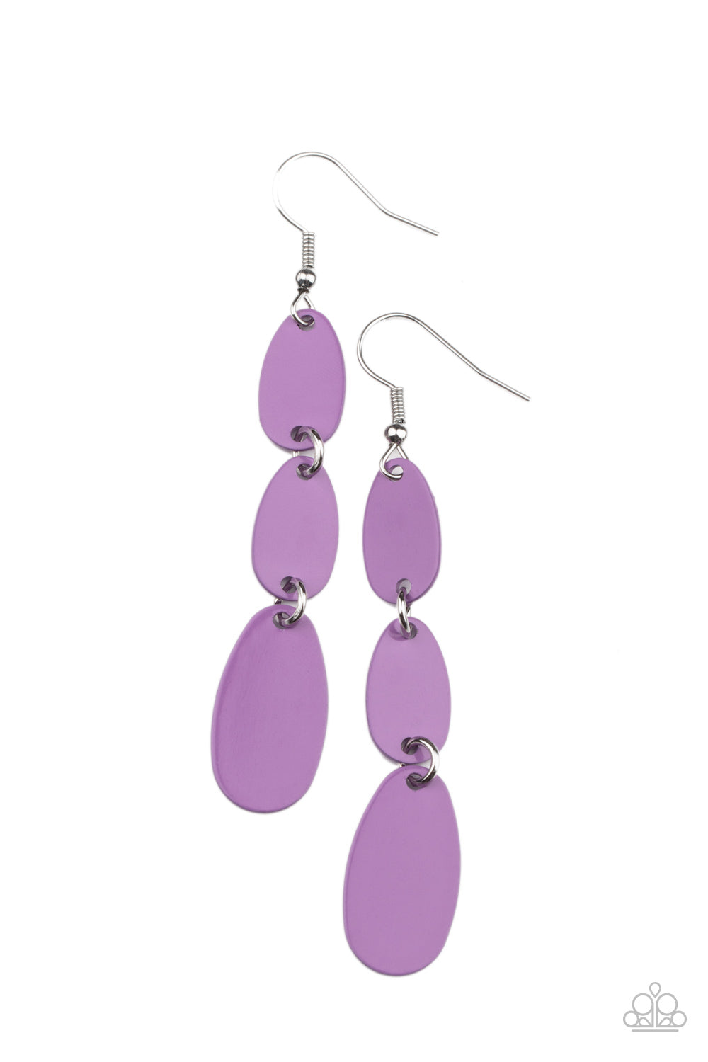 Painted in a shiny Amethyst Orchid finish, lengthened oval frames drip from the ear, linking into a colorful lure. Earring attaches to a standard fishhook fitting.  Sold as one pair of earrings by Paparazzi. 