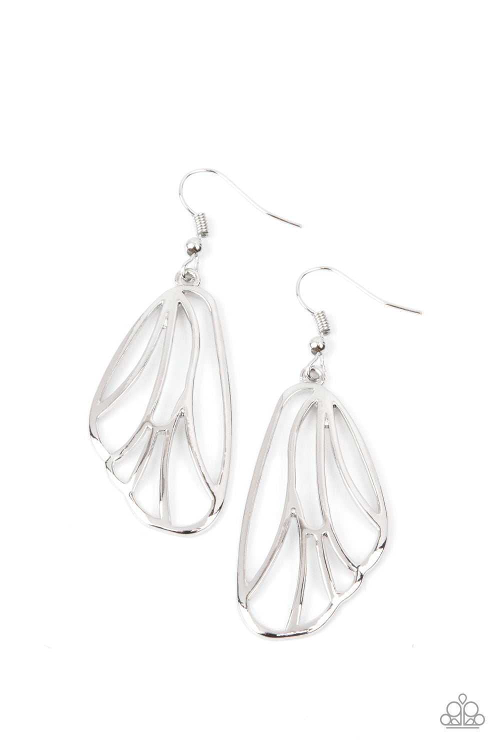Shiny silver bars fan out into a pair of delicately scalloped wings, creating a whimsical display. Earring attaches to a standard fishhook fitting.