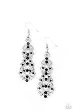 Load image into Gallery viewer, Sporadically dotted in glassy black rhinestones, studded silver filigree delicately whirls into a stacked lure for an elegant display. Earring attaches to a standard fishhook fitting.
