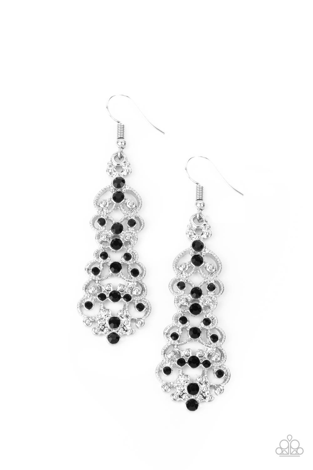 Sporadically dotted in glassy black rhinestones, studded silver filigree delicately whirls into a stacked lure for an elegant display. Earring attaches to a standard fishhook fitting.