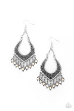 Load image into Gallery viewer, Dotted with dainty white stones, decorative silver frames swing from the bottom of an ornately studded silver frame, creating a simply seasonal fringe. Earring attaches to a standard fishhook fitting.
