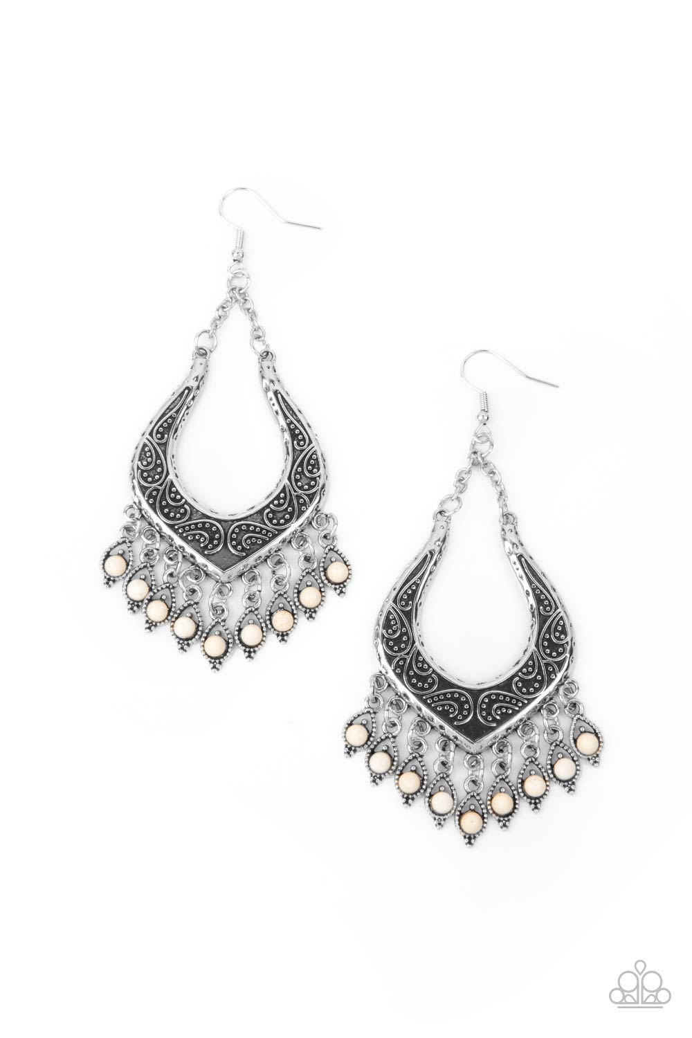 Dotted with dainty white stones, decorative silver frames swing from the bottom of an ornately studded silver frame, creating a simply seasonal fringe. Earring attaches to a standard fishhook fitting.