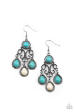 Load image into Gallery viewer, Refreshing turquoise and white stone dotted frames swing from the bottom of a filigree filled chandelier dotted with a matching turquoise stone, creating an earthy fringe. Earring attaches to a standard fishhook fitting.
