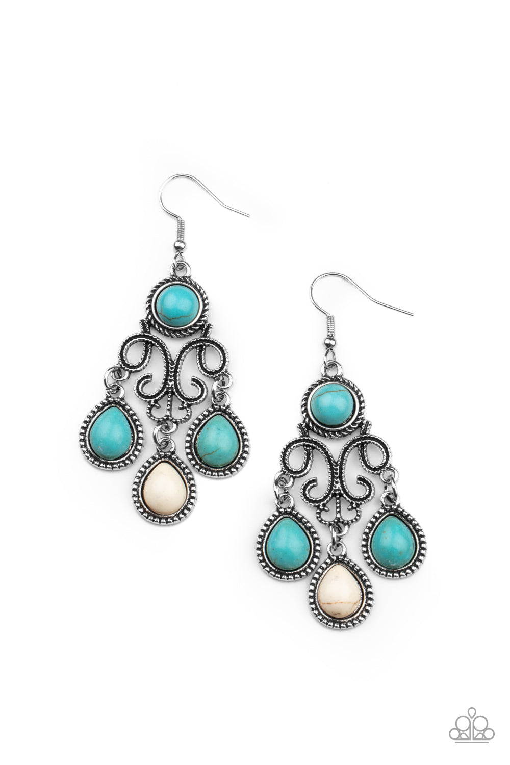 Refreshing turquoise and white stone dotted frames swing from the bottom of a filigree filled chandelier dotted with a matching turquoise stone, creating an earthy fringe. Earring attaches to a standard fishhook fitting.
