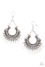 Load image into Gallery viewer, White rhinestone dotted petals fan out into a studded scalloped frame. Glittery white crystal-like beads swing from the bottom of a decorative silver frame, creating a glamorous fringe. Earring attaches to a standard fishhook fitting.
