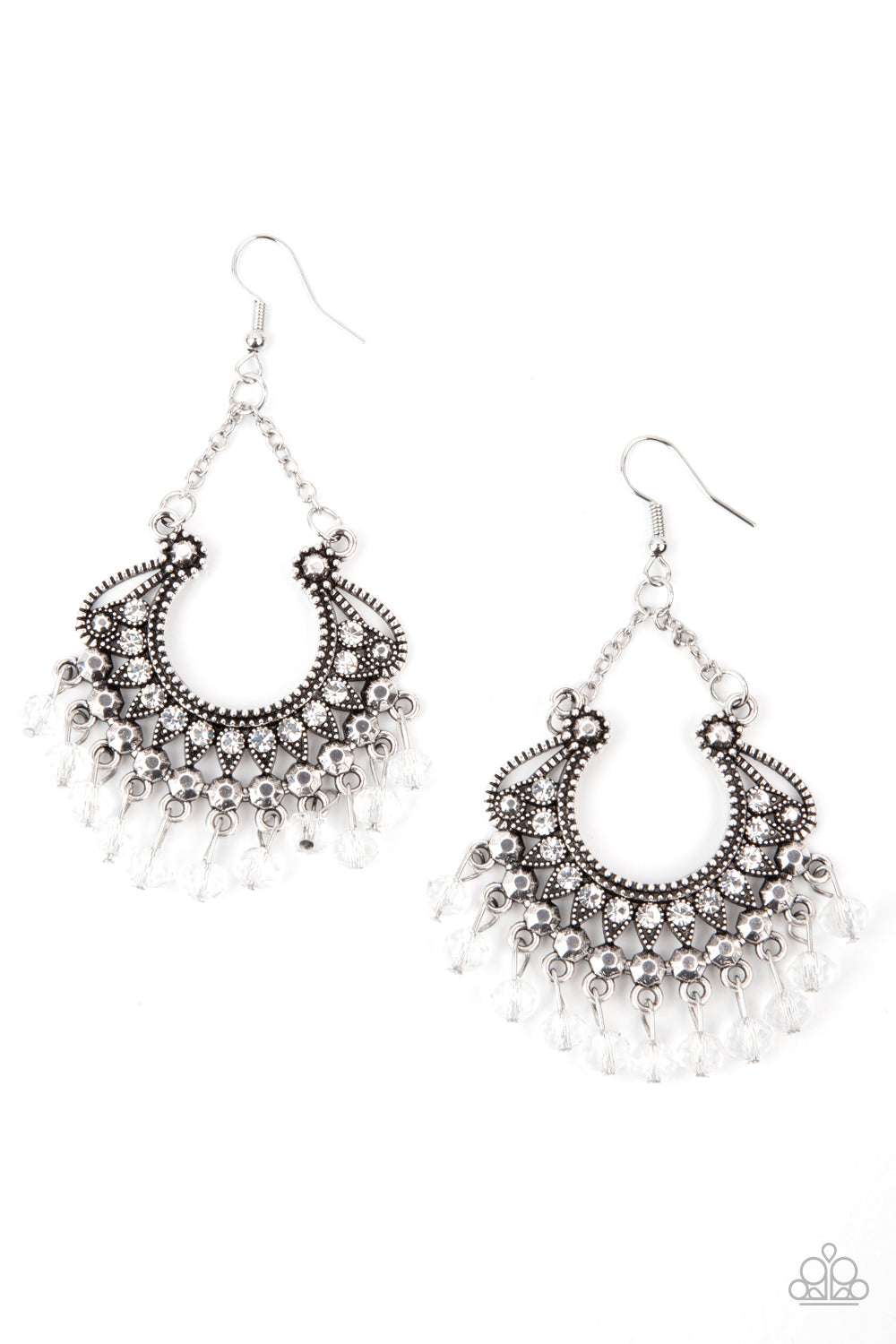 White rhinestone dotted petals fan out into a studded scalloped frame. Glittery white crystal-like beads swing from the bottom of a decorative silver frame, creating a glamorous fringe. Earring attaches to a standard fishhook fitting.