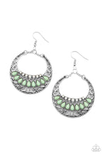 Load image into Gallery viewer, Filled with a silver filigree backdrop, an antiqued crescent frame is adorned with dainty opalescent rhinestones and Green Ash teardrop beads for a mystical finish. Earring attaches to a standard fishhook fitting.  Sold as one pair of earrings by Paparazzi. 
