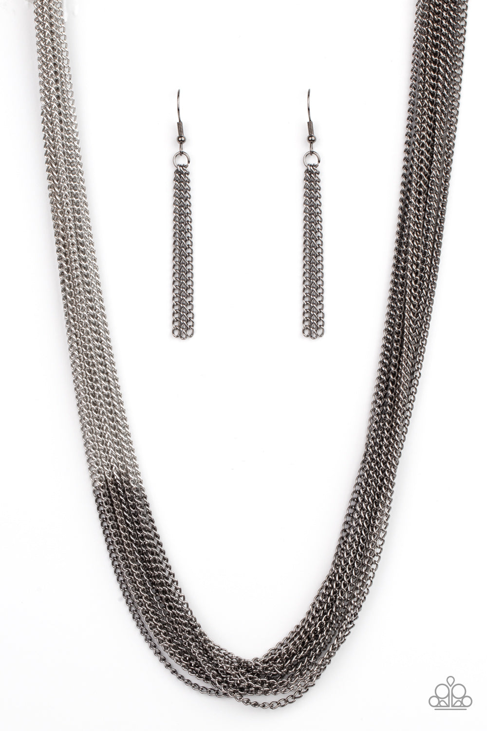 Sections of glistening gunmetal chains collide with shimmery silver chains below the collar, linking into dramatic layers for an edgy effect. Features an adjustable clasp closure.