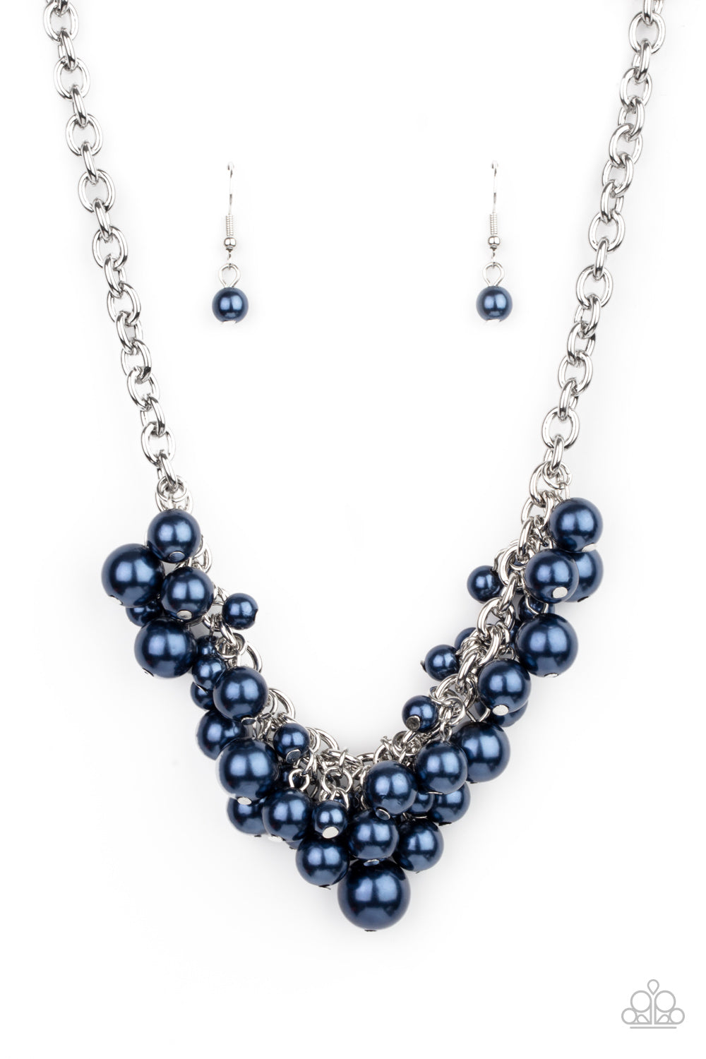 A bubbly collection of classic and oversized blue pearls swing from the bottom of a bold silver chain, creating a dramatic fringe below the collar. Features an adjustable clasp closure.