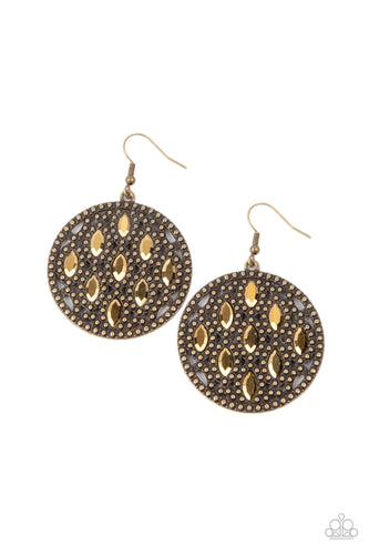 Featuring regal marquise cuts, aurum rhinestones embellish the front of a studded brass frame, creating a stunning statement piece. Earring attaches to a standard fishhook fitting.