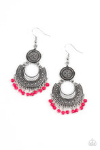 Load image into Gallery viewer, Dainty pink beads dangle from the bottom of a decorative silver crescent plate that links to the bottom of an ornately embossed silver disc, creating a colorful fringe. Earring attaches to a standard fishhook fitting.
