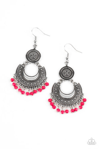 Dainty pink beads dangle from the bottom of a decorative silver crescent plate that links to the bottom of an ornately embossed silver disc, creating a colorful fringe. Earring attaches to a standard fishhook fitting.
