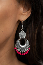 Load image into Gallery viewer, Dainty pink beads dangle from the bottom of a decorative silver crescent plate that links to the bottom of an ornately embossed silver disc, creating a colorful fringe. Earring attaches to a standard fishhook fitting.
