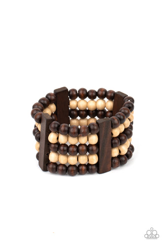 Held in place by rectangular wooden frames, strands of brown and white wooden beads are threaded along stretchy bands around the wrist for a colorfully tropical look.  Sold as one individual bracelet by Paparazzi.