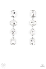 Load image into Gallery viewer, A strand of oversized round, teardrop, and emerald cut rhinestones trickles from the ear, creating a jaw-dropping chandelier. Earring attaches to a standard post earring.  Sold as one pair of post earrings.
