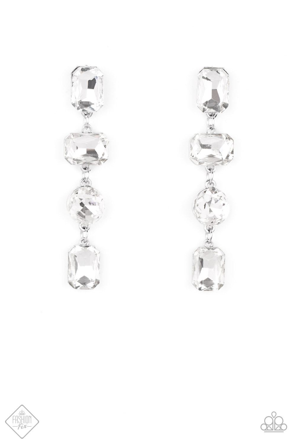 A strand of oversized round, teardrop, and emerald cut rhinestones trickles from the ear, creating a jaw-dropping chandelier. Earring attaches to a standard post earring.  Sold as one pair of post earrings.