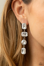 Load image into Gallery viewer, A strand of oversized round, teardrop, and emerald cut rhinestones trickles from the ear, creating a jaw-dropping chandelier. Earring attaches to a standard post earring.  Sold as one pair of post earrings.
