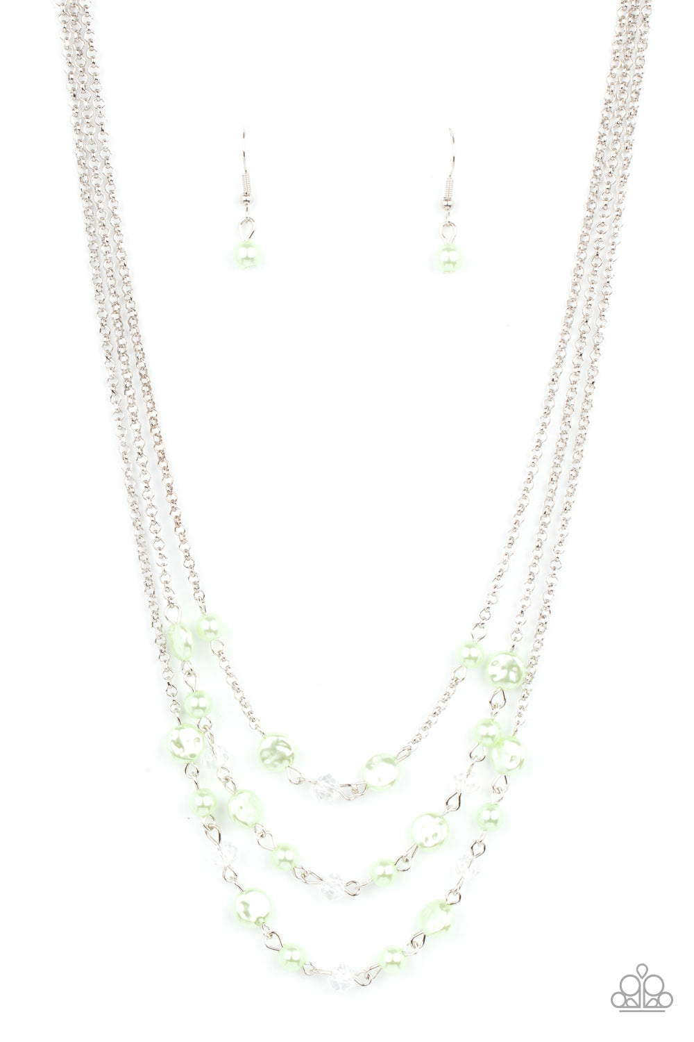 Let The Record GLOW - Green - Dainty Green Ash pearls, glassy crystal-like beads, and imperfect Green Ash pearly accents sporadically link with sections of shimmery silver chains, creating timeless layers below the collar. Features an adjustable clasp closure.