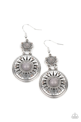 Paparazzi - Temple of The Sun - Silver - Dotted with bubbly Ultimate Gray beaded accents, two silver frames that have been stenciled in airy sunburst patterns delicately link into a colorful tribal inspired lure.